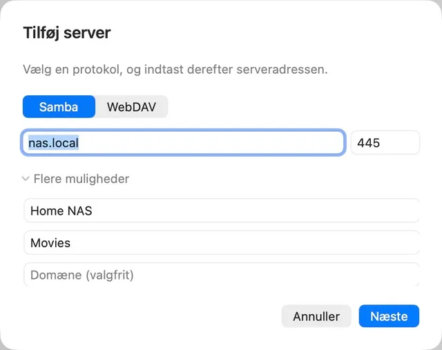 NAS · Medie-URL · SMB / WebDAV
