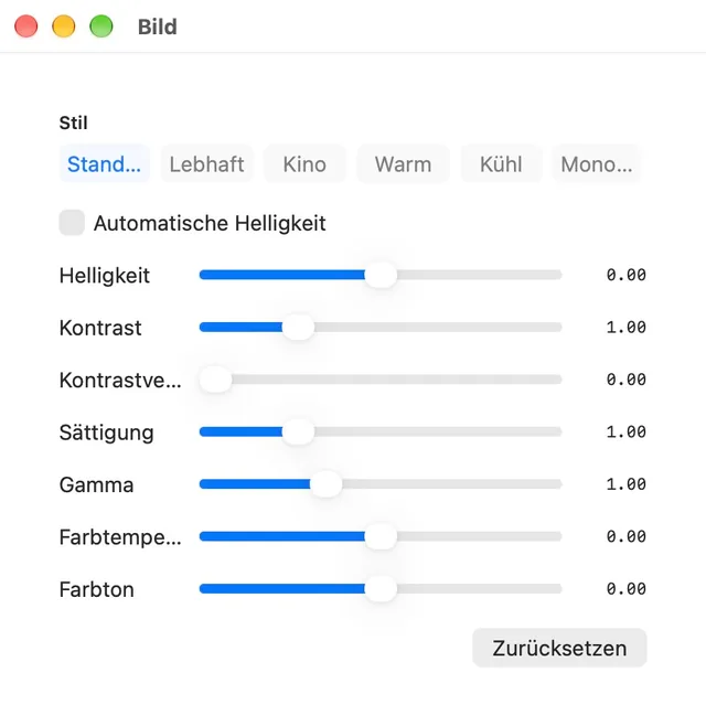 Helligkeit · Kontrast · Sättigung