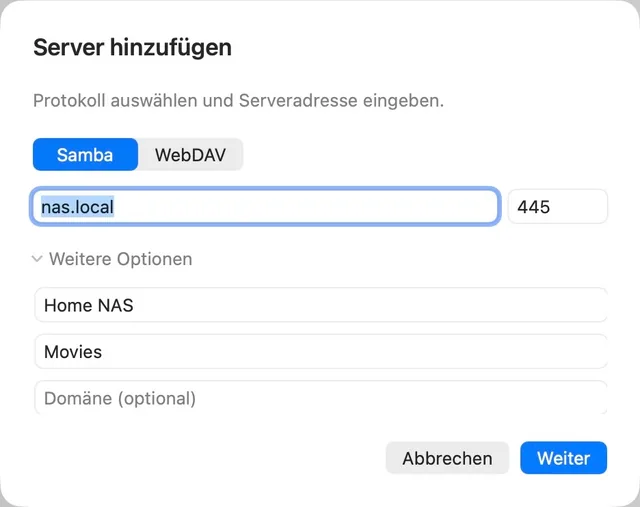 NAS · Medien-URL · SMB / WebDAV