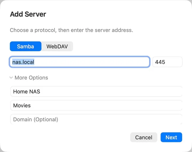 APlay Add Server dialog with Samba and WebDAV options