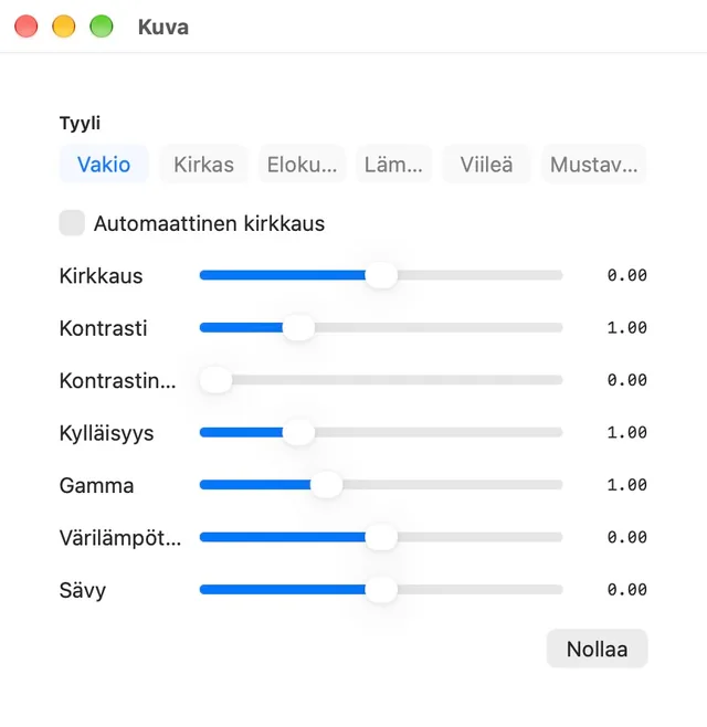 Kirkkaus · Kontrasti · Kylläisyys