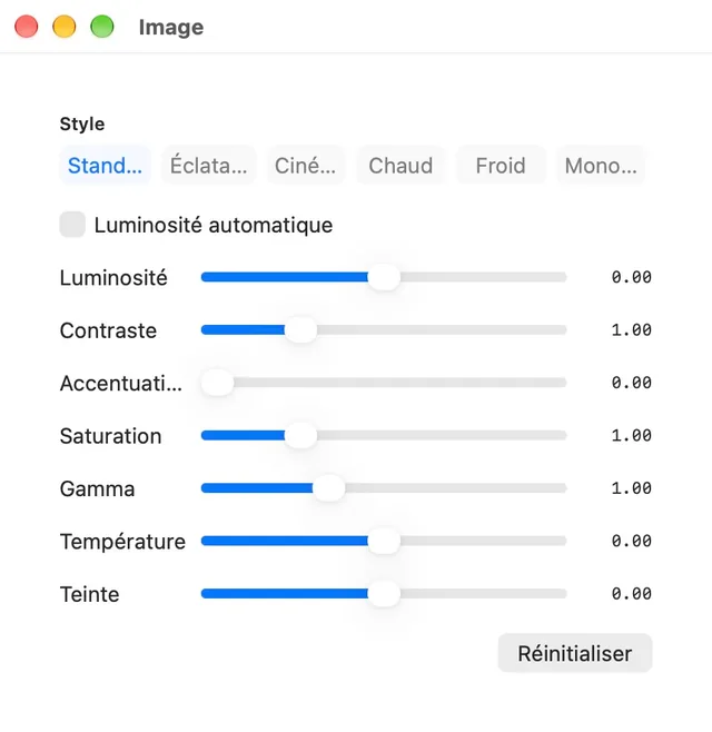 Luminosité · Contraste · Saturation
