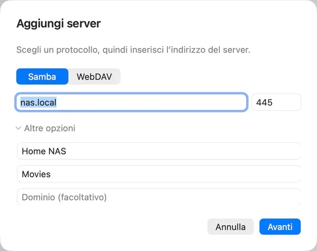 NAS · URL media · SMB / WebDAV