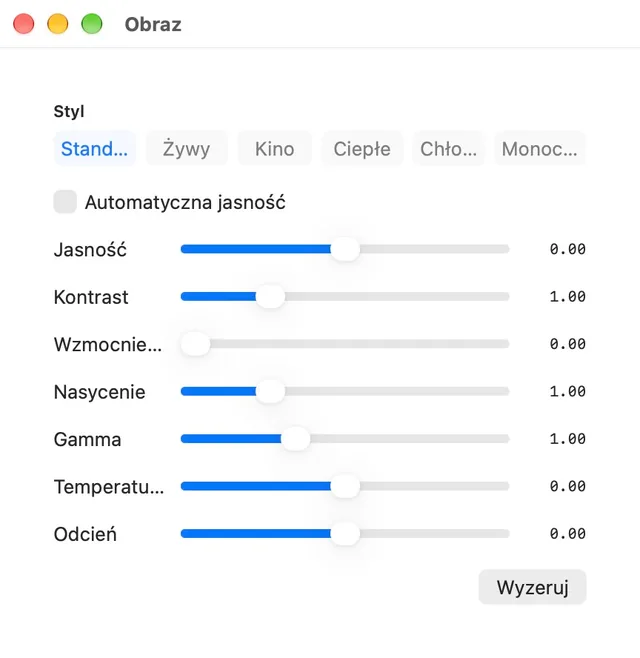 Jasność · Kontrast · Nasycenie