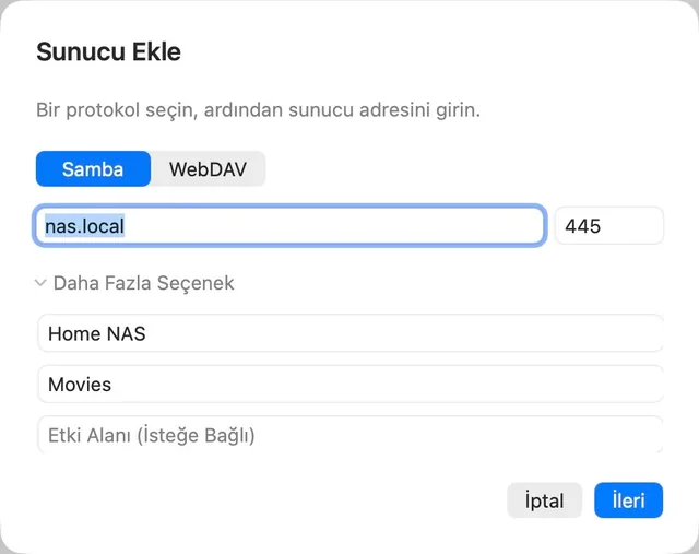 NAS · Medya URL'si · SMB / WebDAV