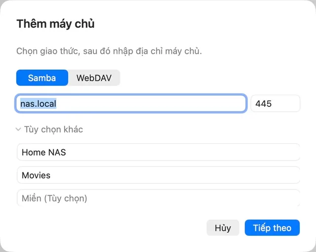 NAS · URL phương tiện · SMB / WebDAV